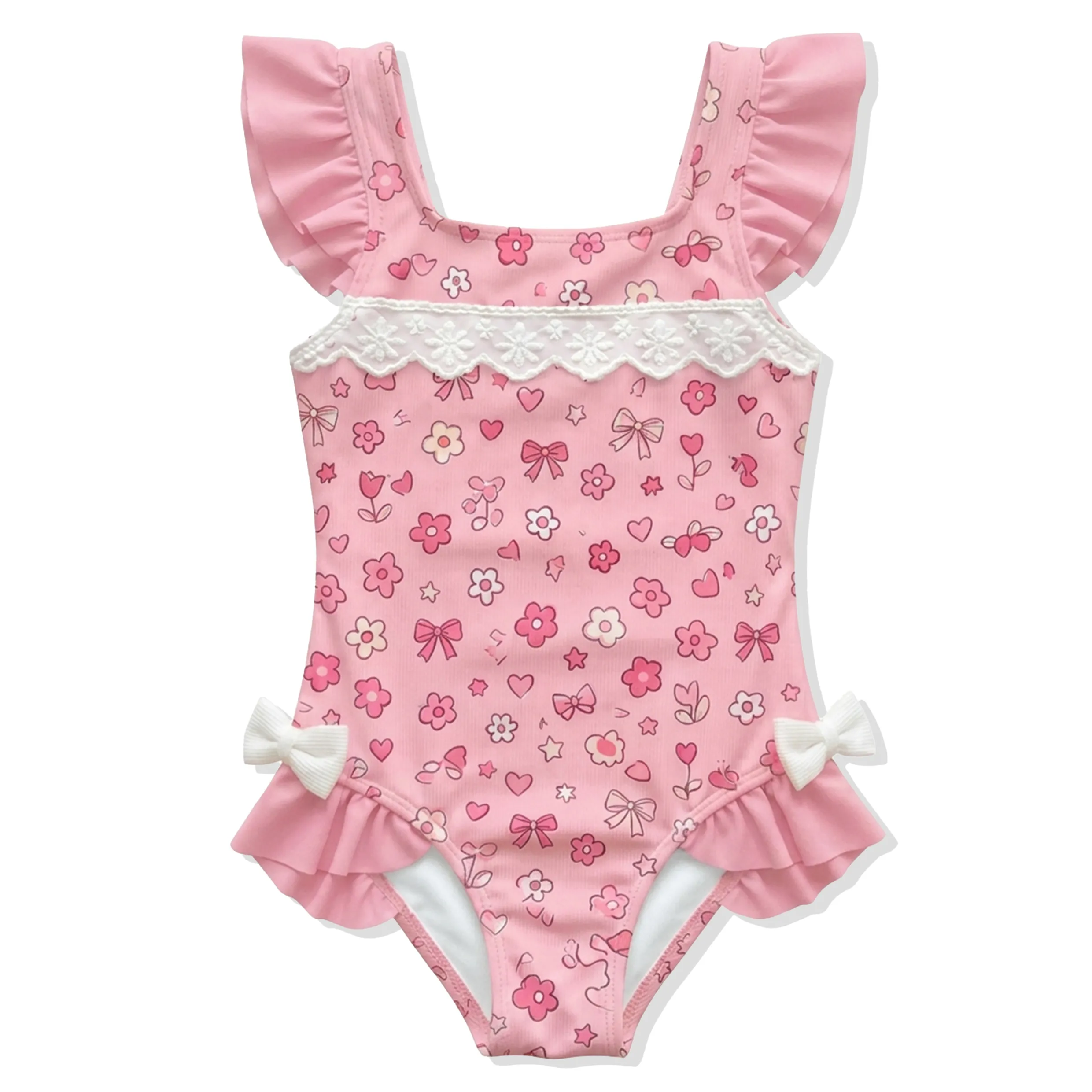 Girls Pink Floral Ruffle One Piece Swimsuit with Lace Bows