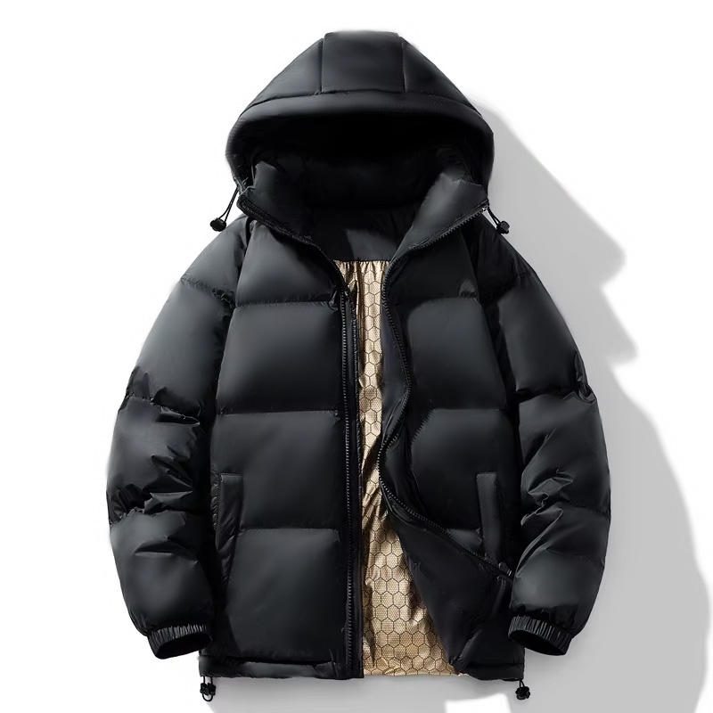 Korean Style Men's Winter Puffer Jacket Solid Black Gol