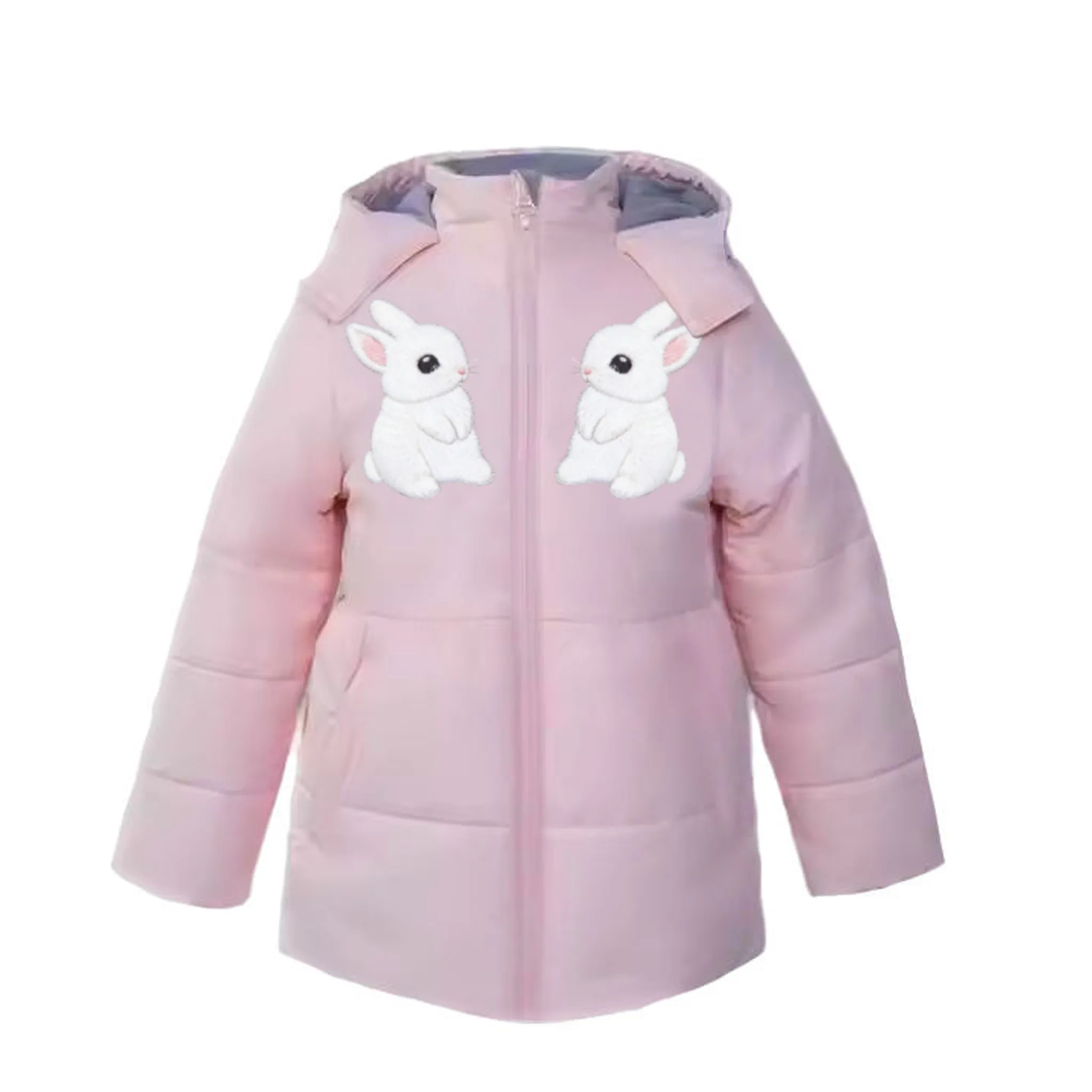 Girls' Pink Hooded Padded Winter Coat with Cute Rabbit 