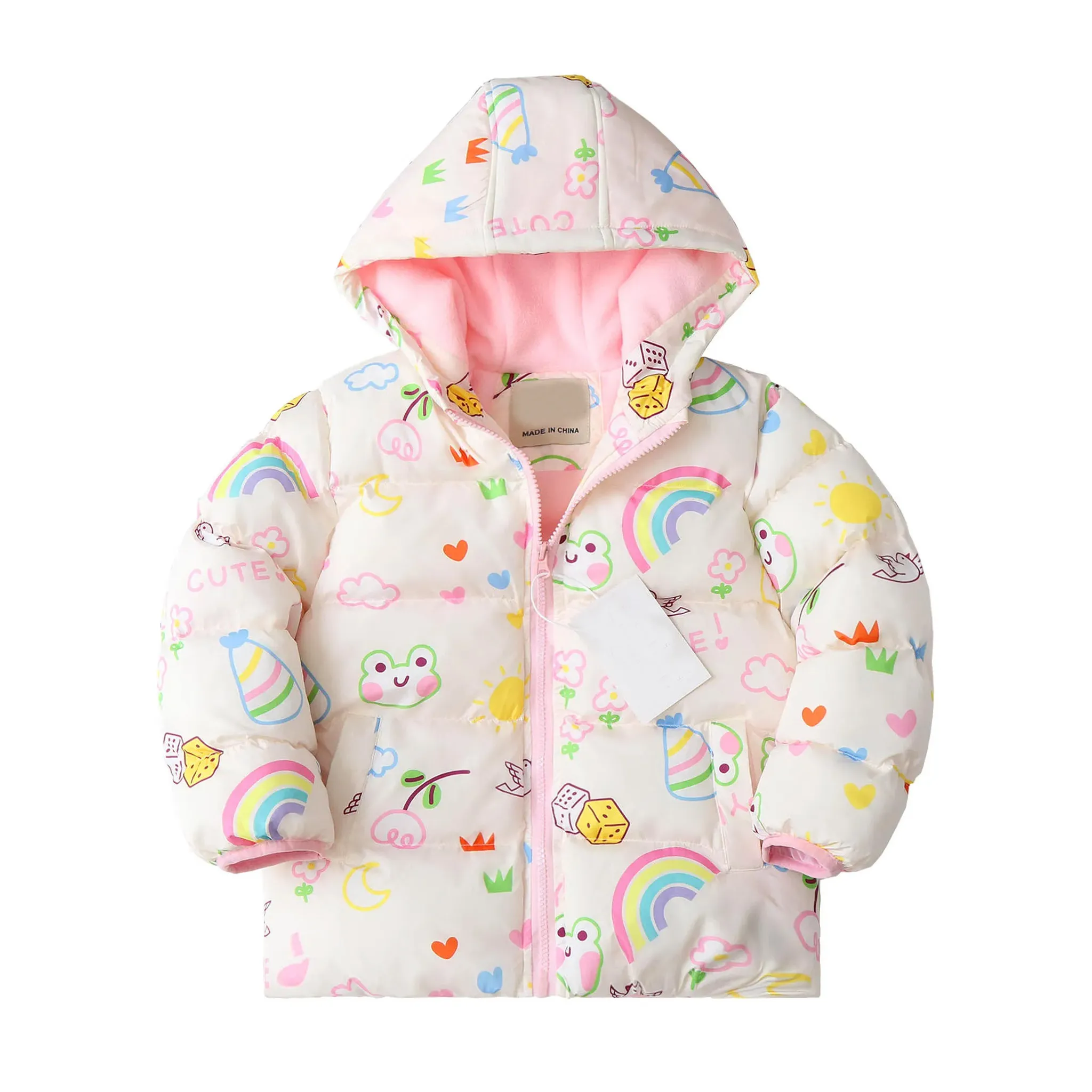 New Girls' Clothing Cartoon Printed Hooded Jacket with 