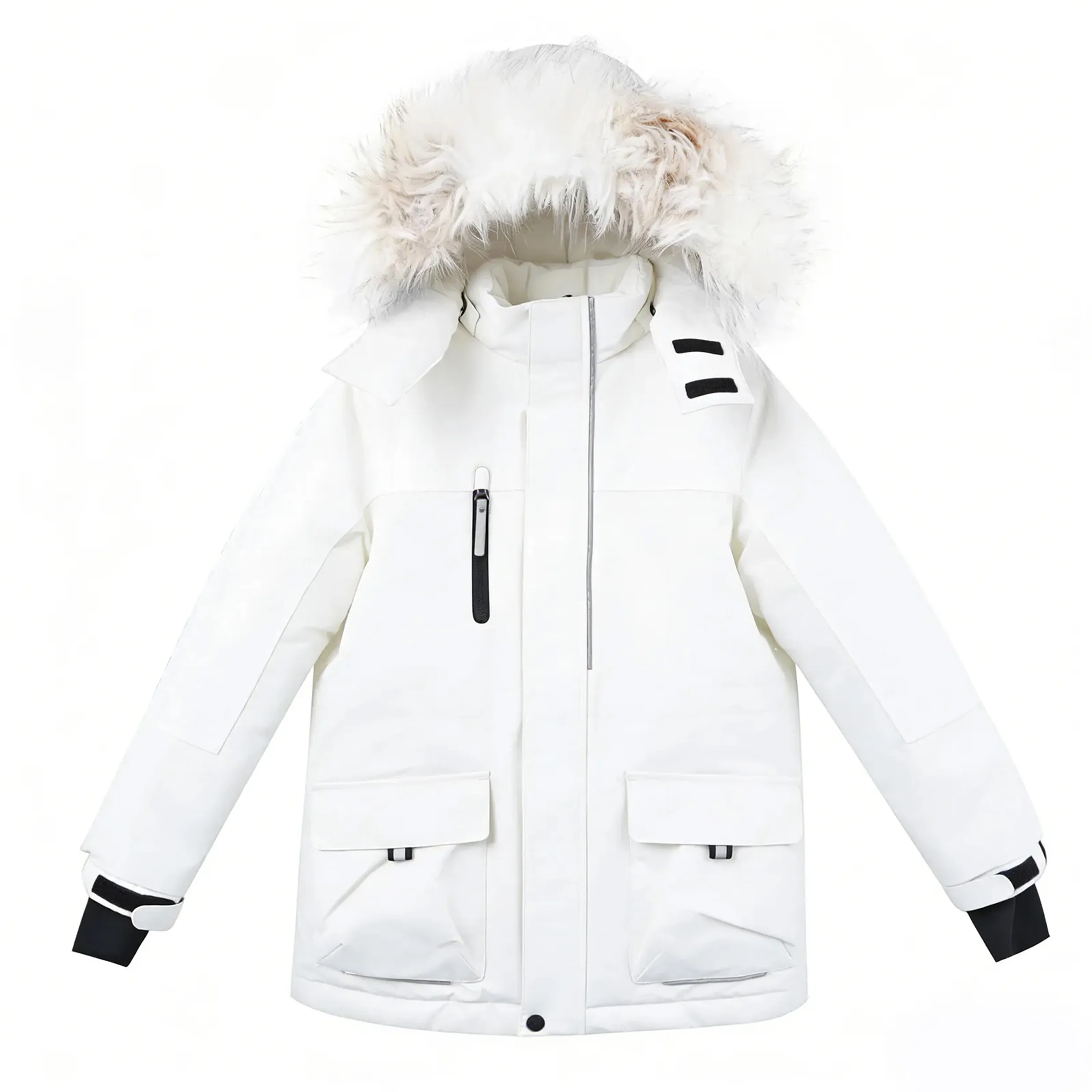 Winter Girls' Printed White Windproof Hooded Jacket wit