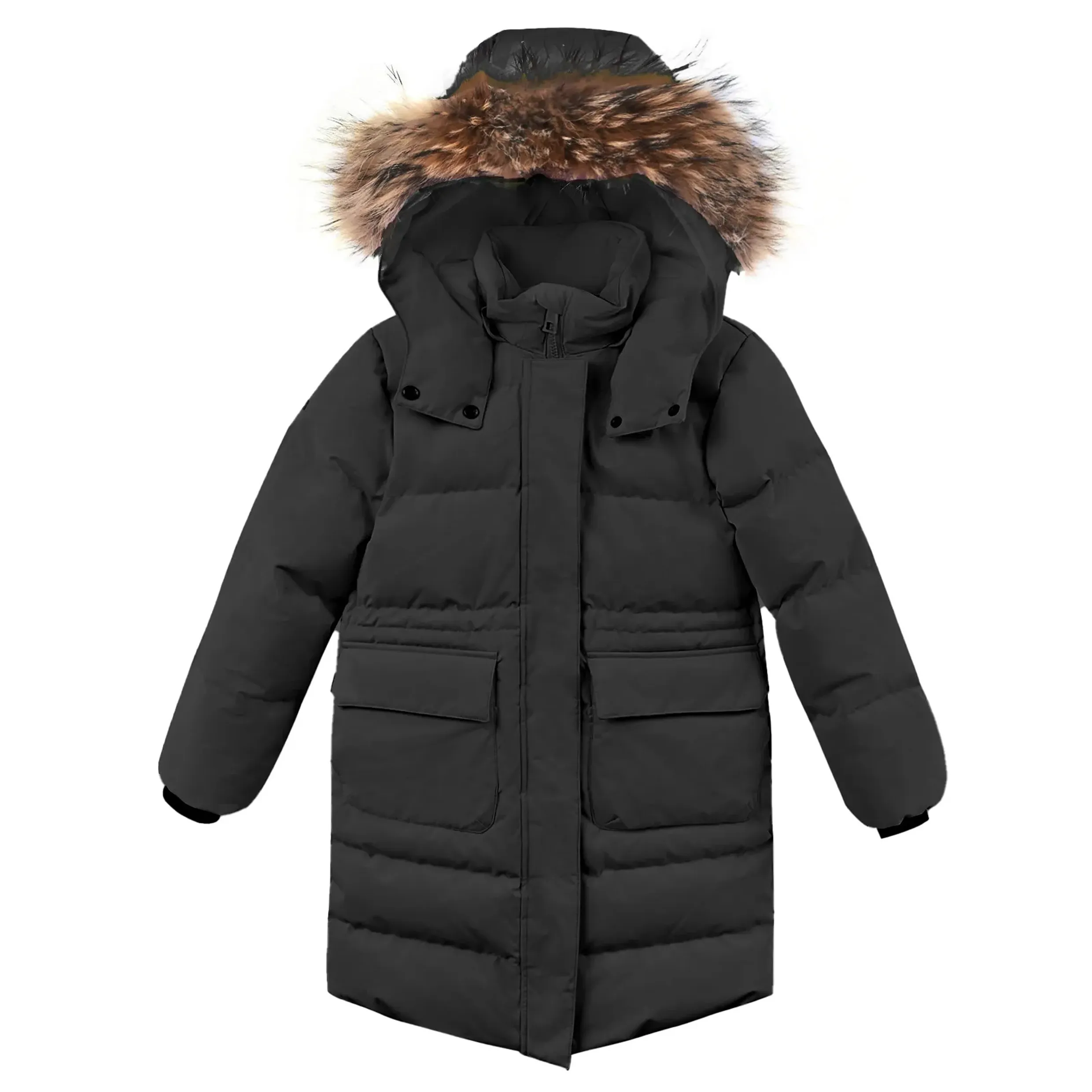 Kids' Black Long Fur Hooded Warm Winter Down Jacket