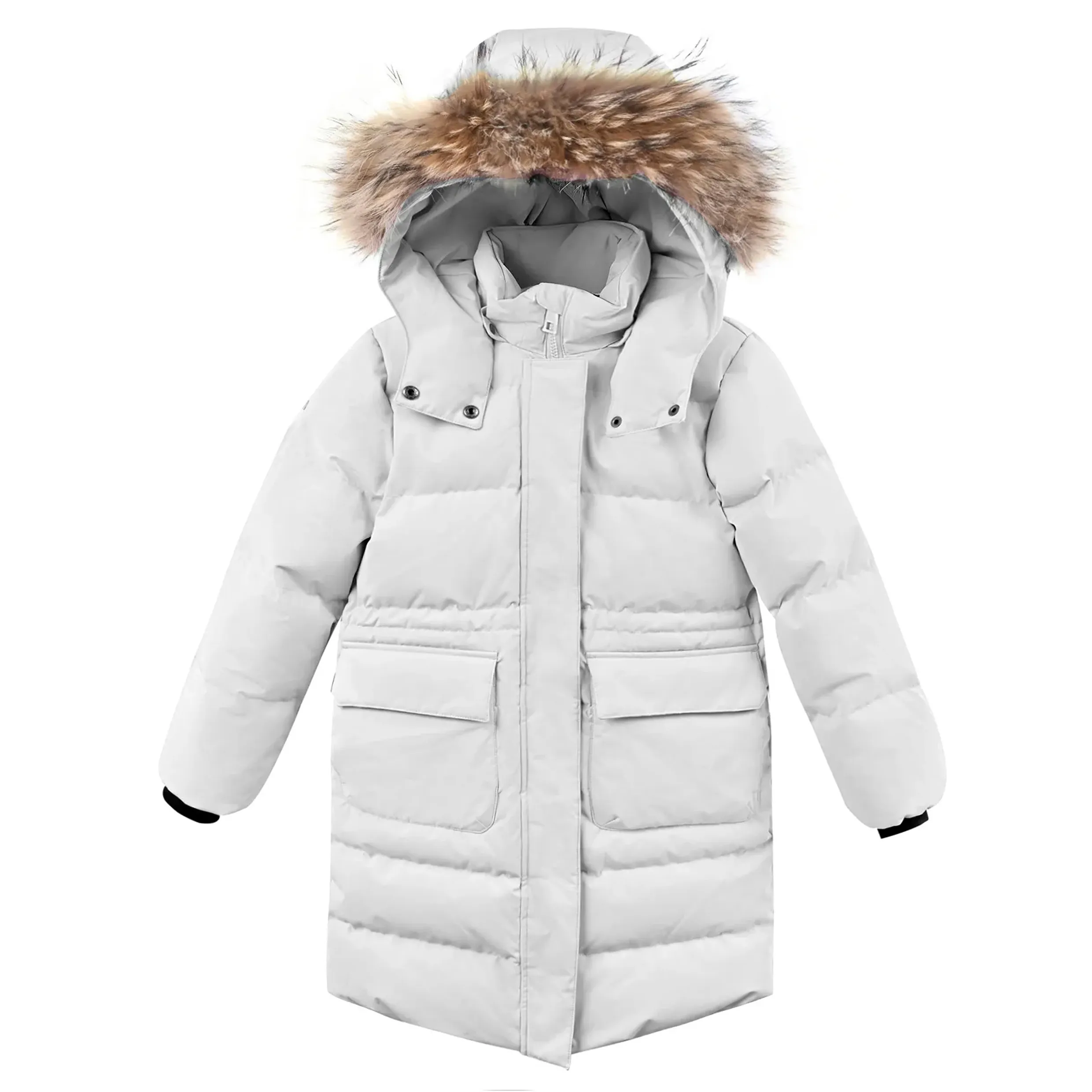 Kids' Light Gray Long Fur Hooded Warm Winter Down Jacke