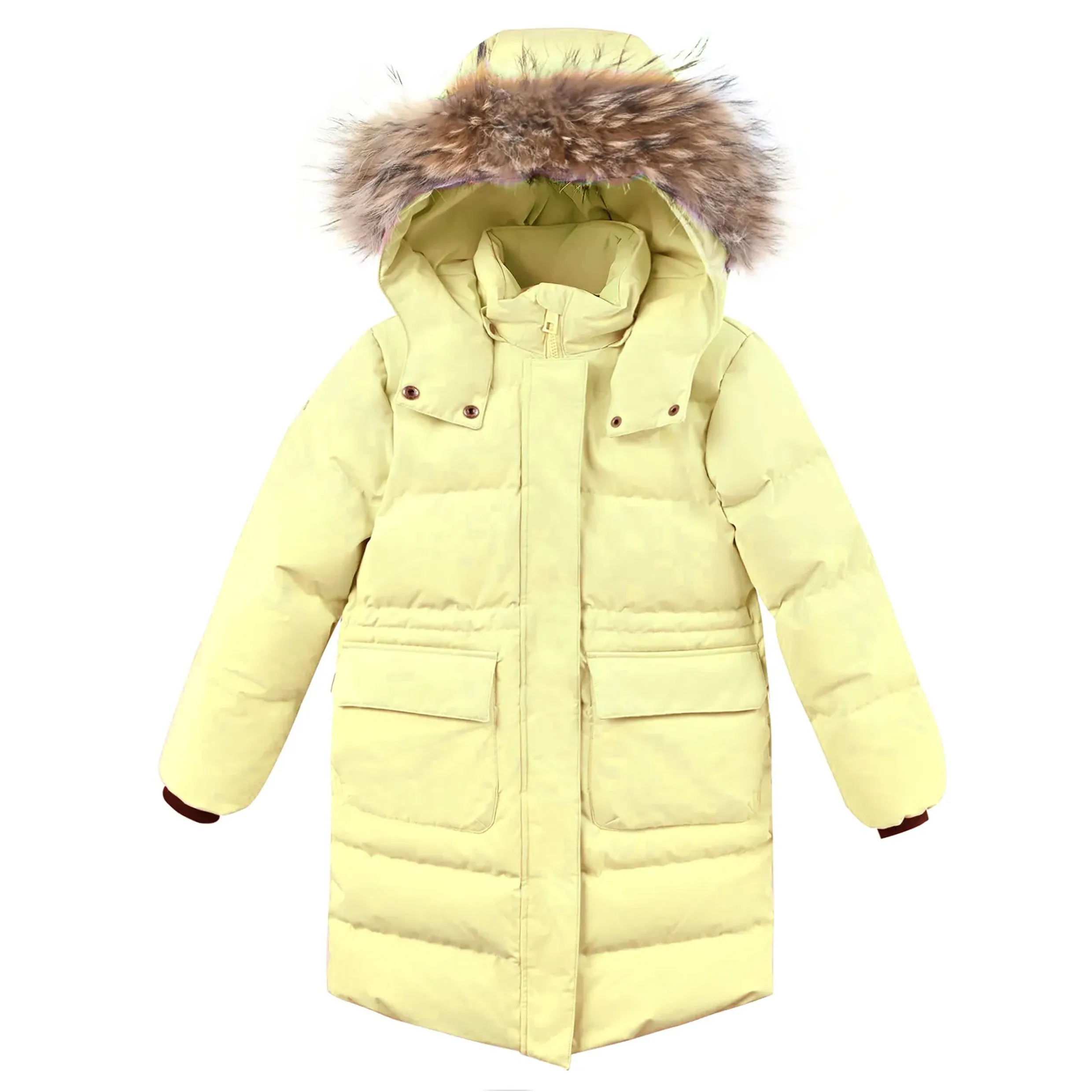Kids' Light Yellow Long Fur Hooded Warm Winter Down Jac